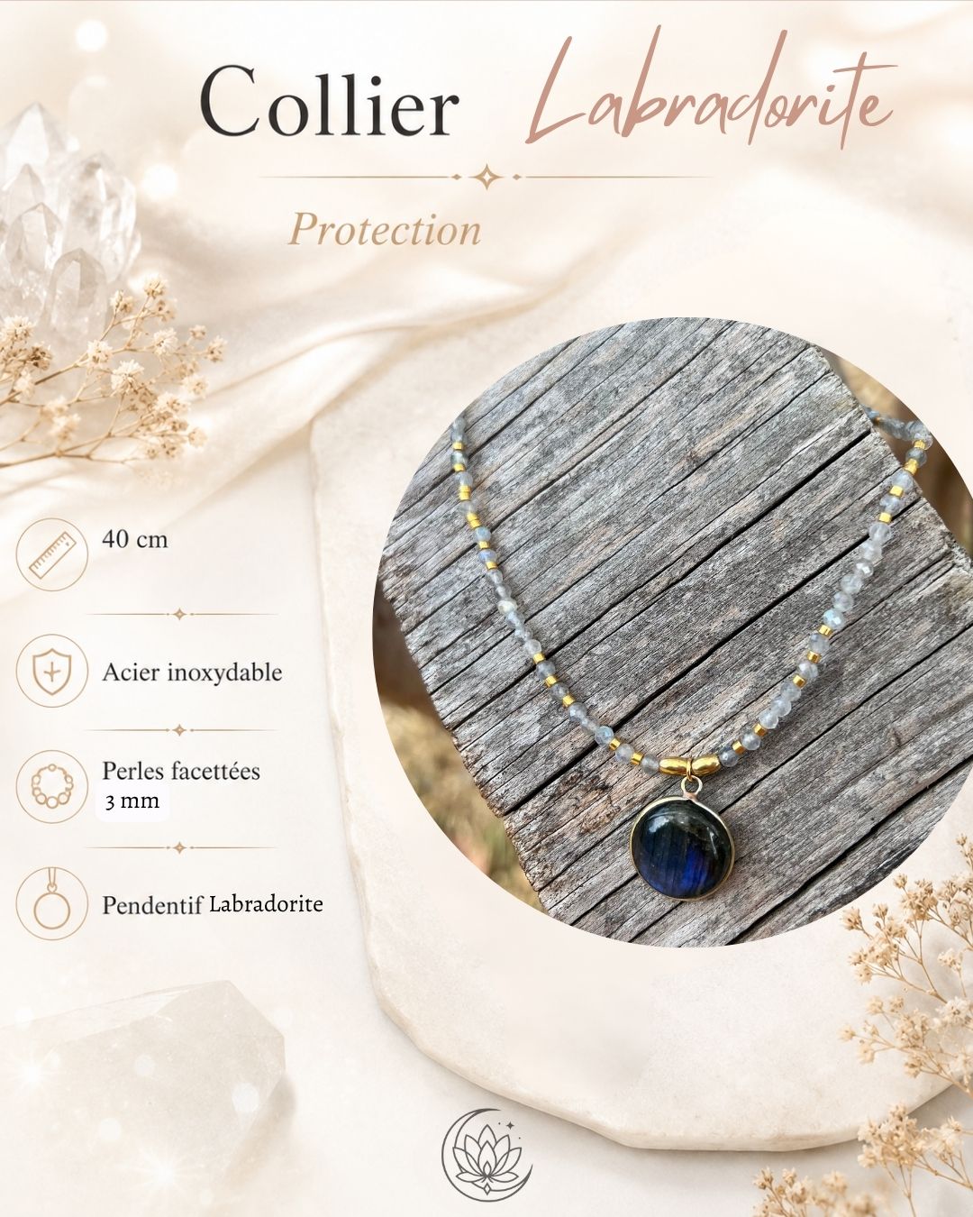 Collier Labradorite acier doré